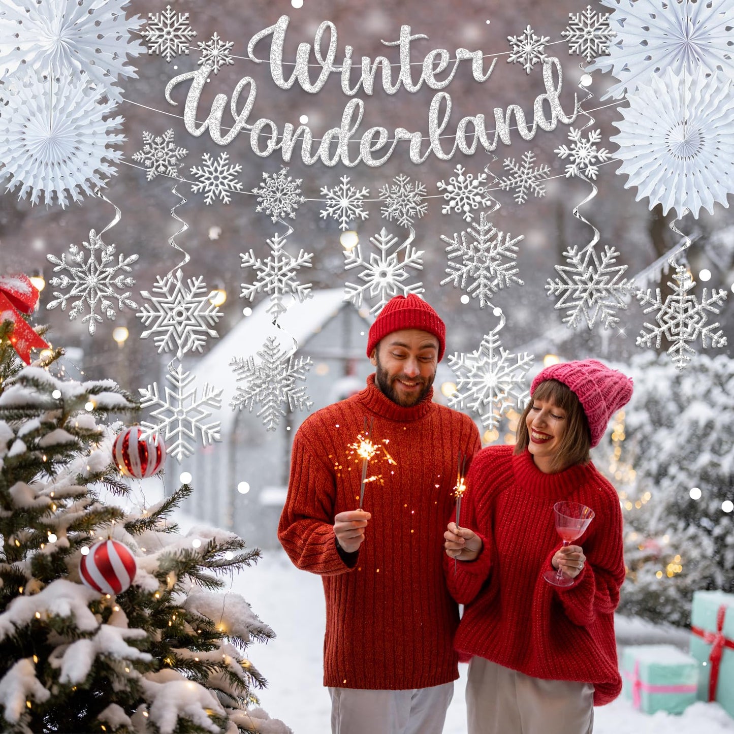 Winter Wonderland Decorations, Silver Winter Wonderland Christmas Decorations Includes Glitter Banner and Snowflake Hanging Swirl, Snowflakes Ornaments Banner for Indoor Office Decorations