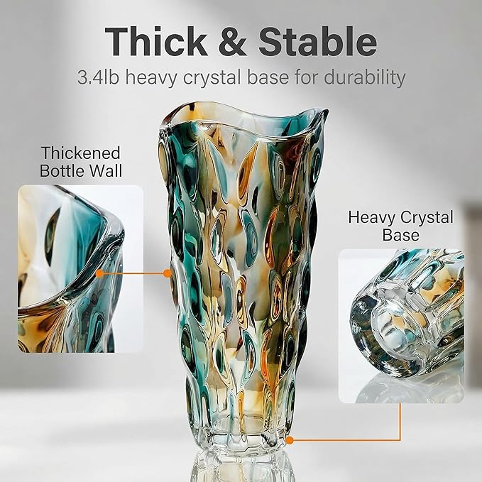 CEMABT 9.5inch 3.4 lb Glass Vases for Flowers Unbreakable Thickened Morden vase for Tables Centerpieces,Colorful,Vintage and Clear Rose Large Flower vases for Bouquet Unique Gifts（Gold Blue）