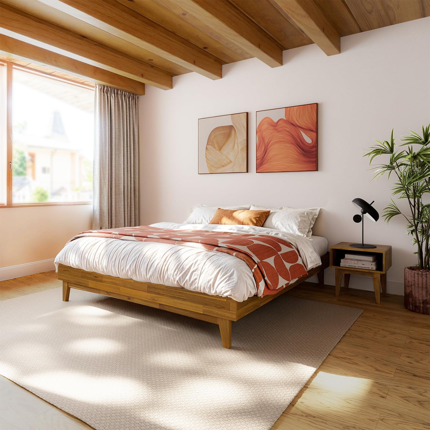 Bme Catherine King Platform Bed Frame, Modern Bed Frame Without Headboard, Wooden Low Profile Bed Frame, Acacia Wood Platform Bed Frame King, No Box Spring Needed, Supports up to 800lbs - Teak Brown
