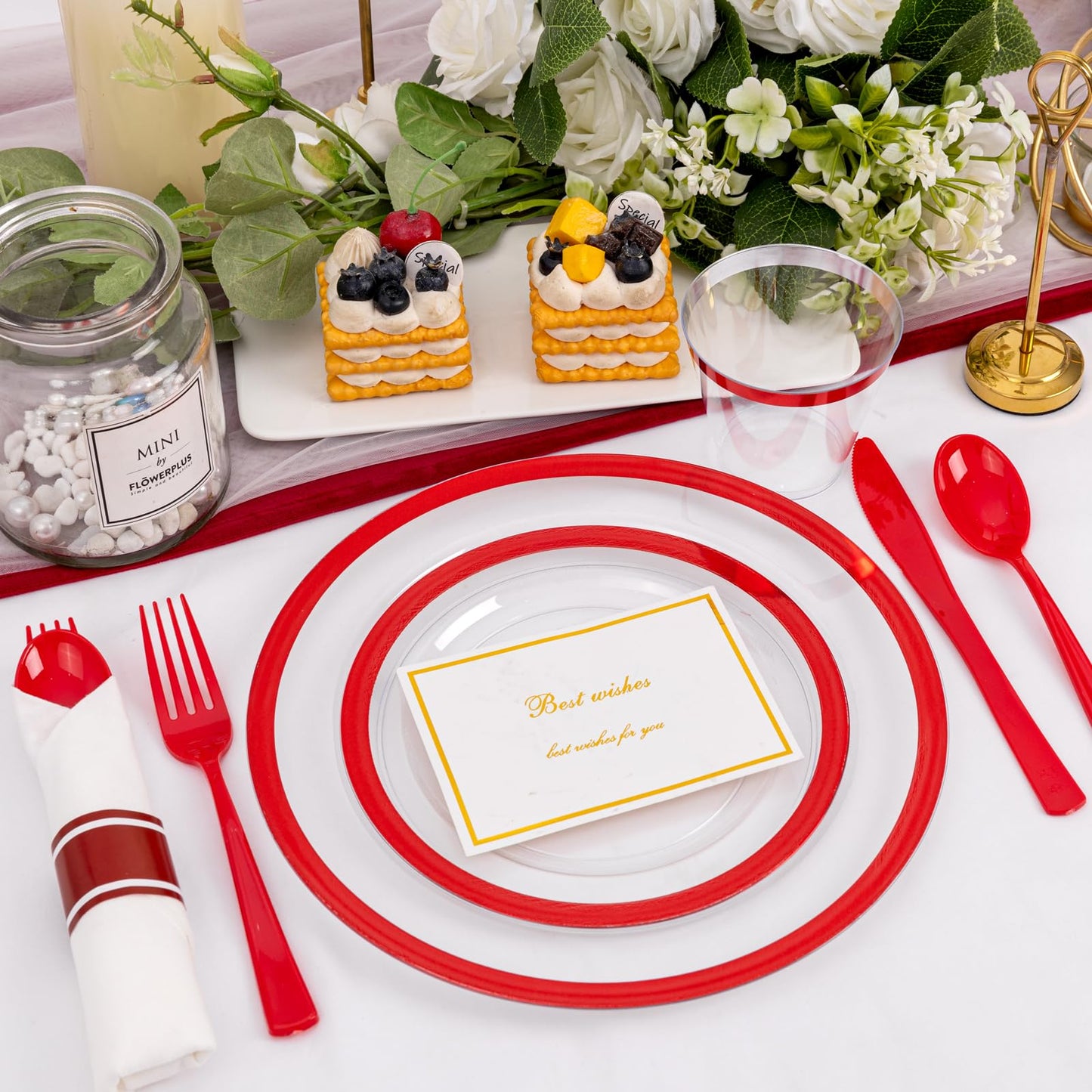 Liacere 350PCS Clear and Red Plastic Mothers Day Plates and Napkins for 50Guests Plastic Dinnerware Set:100 Red Disposable Plates 50 Pre Rolled Napkins with Cutlery,50 Cups for Mothers Day&Graduation