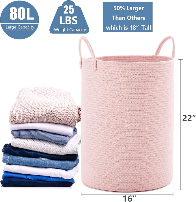 80L Extra Large Pink Hamper Laundry Basket for Baby Girls Tall Nursery Hamper for Kids Woven Rope Clothes Basket for Little Girls Room Bedroom Light Pink Kawaii 16"D x 22"H