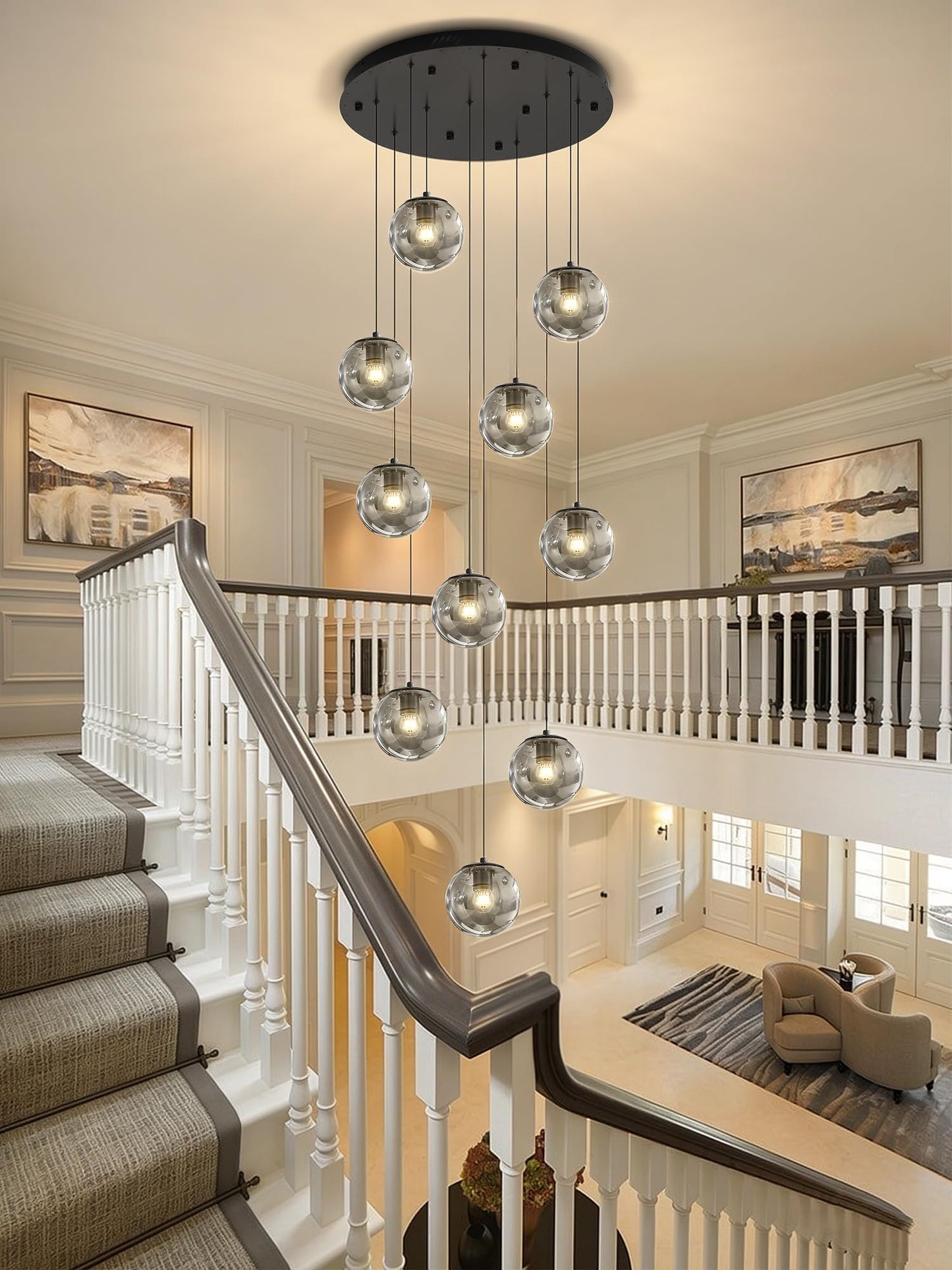 ykolupty H138 Modern Smoke Glass Globe Chandelier Large Chandeliers for High Ceiling 10-Lights Entryway Modern Lighting Fixture Glass Globe Pendant Light for Living Room Foyer Hallway