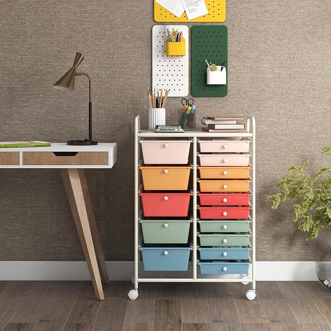 LDAILY 15 Drawer Rolling Storage Cart, Rolling Cart with Drawers for Classroom, Art Supply Craft Organizer on Wheel with Metal Frame & Handles for Home Office School