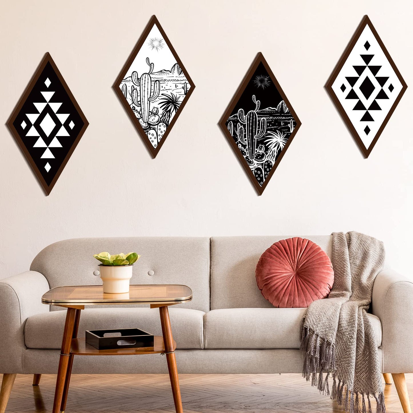 Ferraycle 4 Pcs Boho Cactus Wall Decor Aztec Wall Art Cactus Desert Western Farmhouse Home Decor Wooden Geometric Diamond Hanging Frame VBS(6.7 x 11.8 Inch)