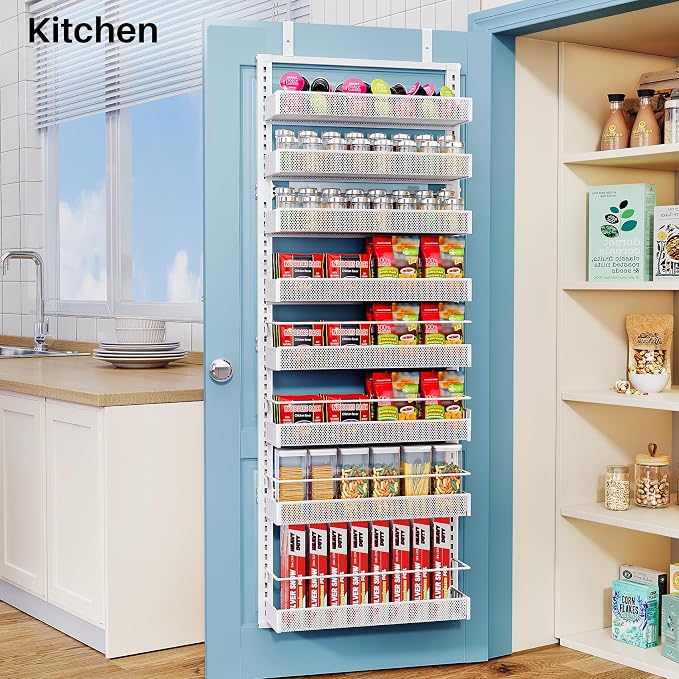 SNTD 8 Tiers Over the Door Organizer - Height Adjustable Pantry Organizers and Storage with Dense Mesh Baskets, Anti-Swing Hanging Door Spice Rack for Kitchen Bathroom (White, 17" W x 6" D x 69" H)