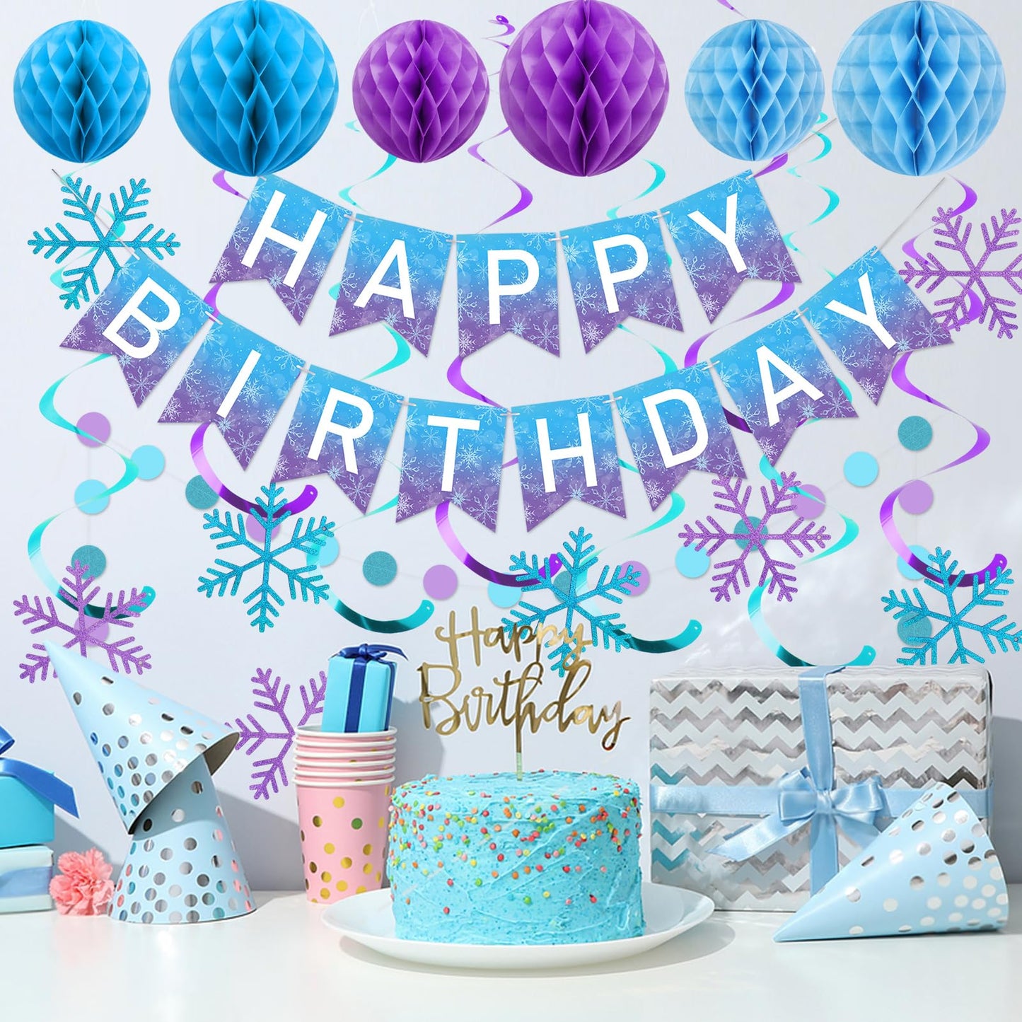 meowtastic Frozen Birthday Party Decorations - Happy Birthday Banner with Honeycomb Balls, Snowflake Hanging Swirls Streamers, Circle Dots Garland Decorations - Party Decor for Boys Girls (Frozen)