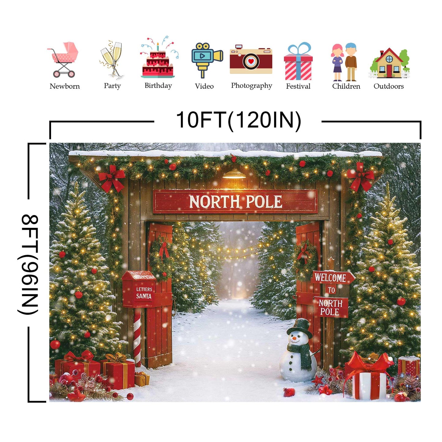 Fluzimir Christmas Photography Backdrop 10x8ft – Rustic Snowy Forest Barn Door with Xmas Tree, North Pole Winter Scene Fabric Photo Background for Family Party, Baby Holiday Photos