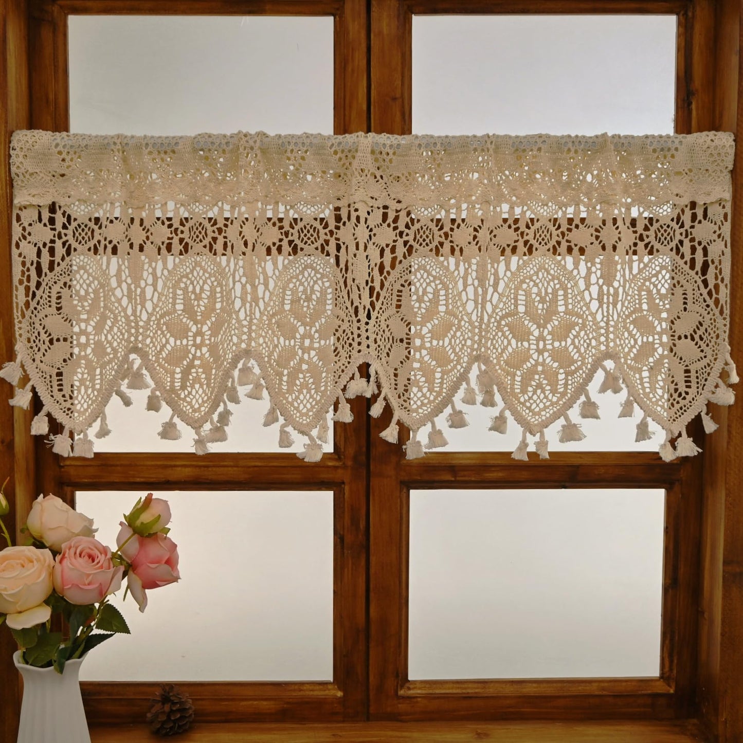Yunsurey Retro Crochet Curtain Valance for Kitchen Window Boho Curtain Tiers for Coffee Decor Rod Pocket Farmhouse Short Curtains for Room Divider 1 Panel Knitting Doorway Curtain W35 X L15 Inch