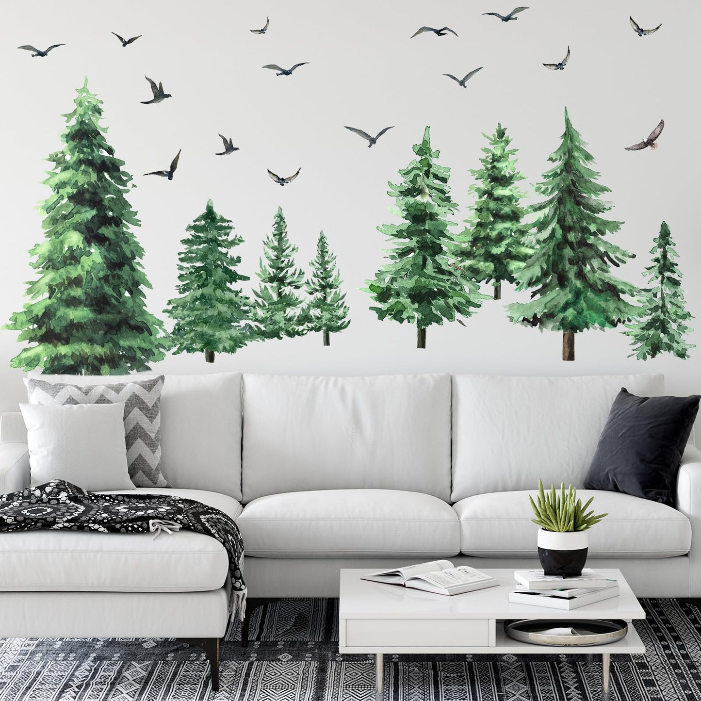 Qilery Large Pine Tree Wall Decals Winter Tree Wall Decal Watercolor Peel and Stick Forest Stickers Woodland Birds Branch Sticker for Nursery Bedroom Living Room(Classic Style)