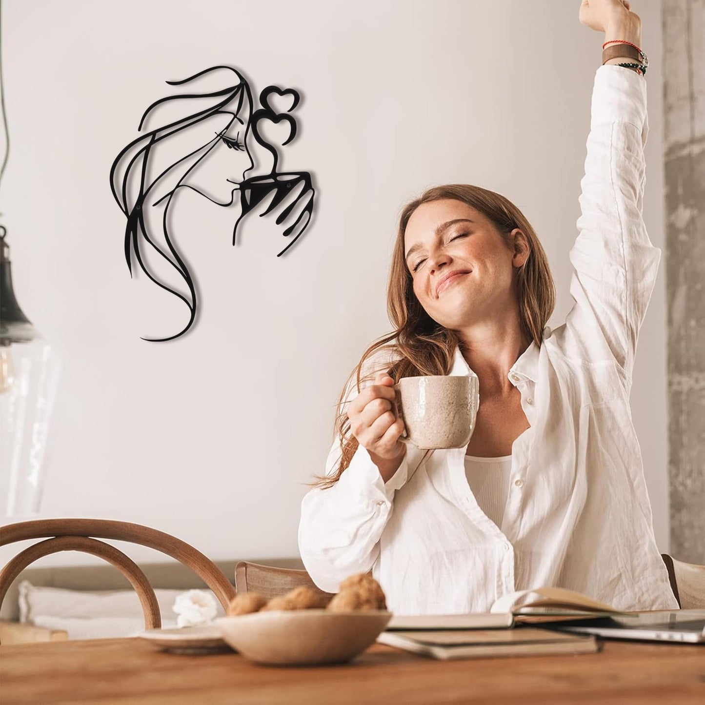 LIYAOLI 3D Black Metal Coffee Wall Art Bar Sign Decor,Kitchen Line Art Wall Decor,Woman Drinking Coffee Wall Sculptures,Unique Modern Wall Art for Living Room,Bedroom