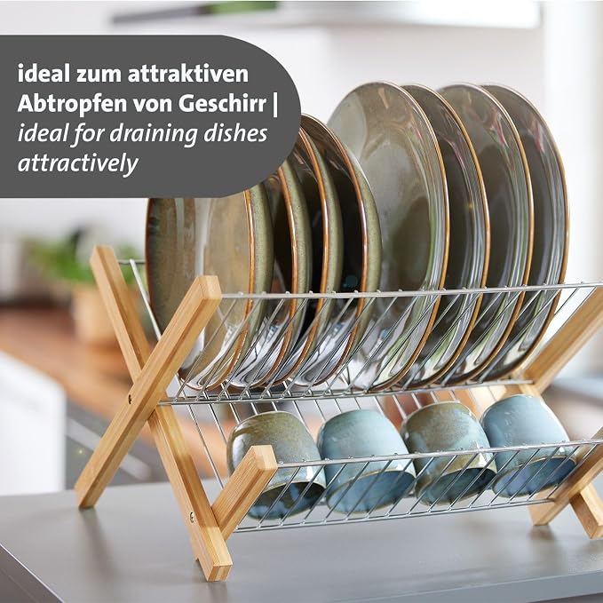 Westmark Tilo Dish Drainer - Foldable Dish Rack for Drying Tableware, Cutlery and Glasses, Dish Drainer for Sink - Bamboo, Stainless Steel