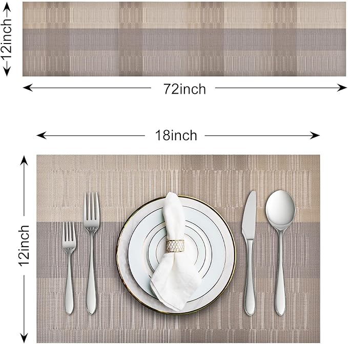 Aofmee Table Runner and Placemats Set of 6 Washable, Heat Resistant Place Mats with Table Runner, Woven Vinyl Table Placemats, Stain Resistant Kitchen Table Mats Sets, Easy to Clean, Gold, Set of 7