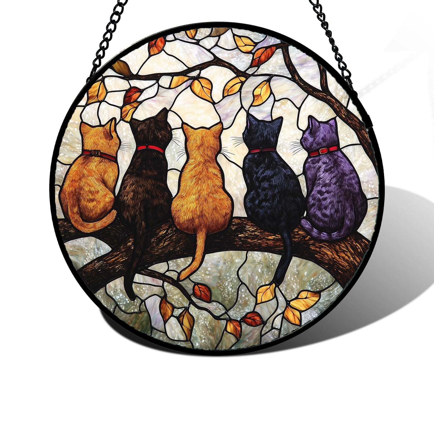 DASTOLL Stained Glass Window Hanging - 5 Cats on a Branch Suncatcher for Window Doors Home Decoration and Christmas, Mother's Day Father's Day Birthday Gifts for Women, Men, and Mom 9.8x9.8 in