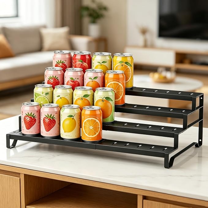 Attelite 4 Tier Expandable Can Rack Organizer for Pantry, Adjustable 13"-21" Metal Soda Can Organizer, Pantry Organization Canned Food Storage Holder for Kitchen Cabinet Countertop, Black 2Pack