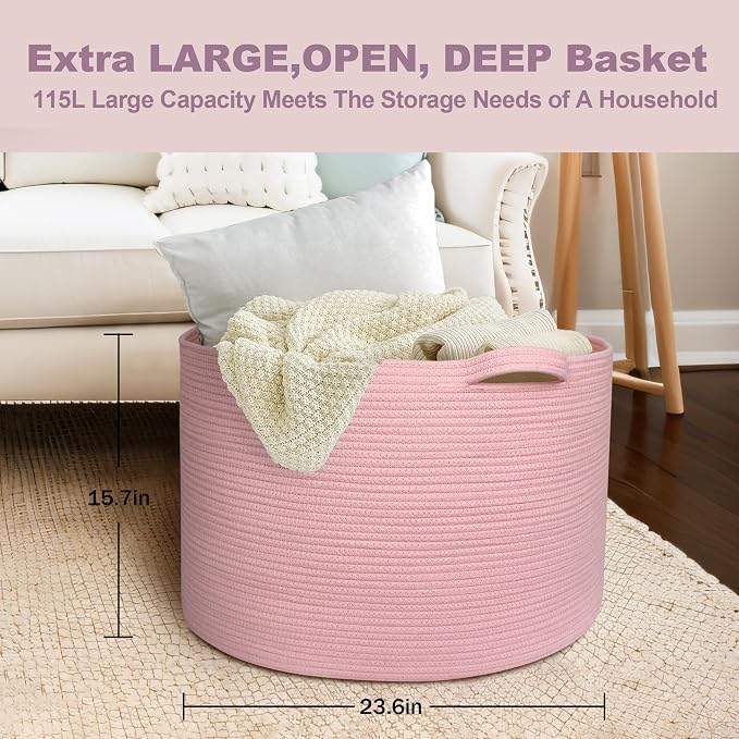 MEGASKET 115L Oversized Pink Basket, 23.6"x15.7" Woven Cotton Rope Bin with Handles, XXXL Blanket Storage for Living Room, Kids Toy Storage Bin Box, Baby Laundry Basket for Organizing, Pink Room Decor