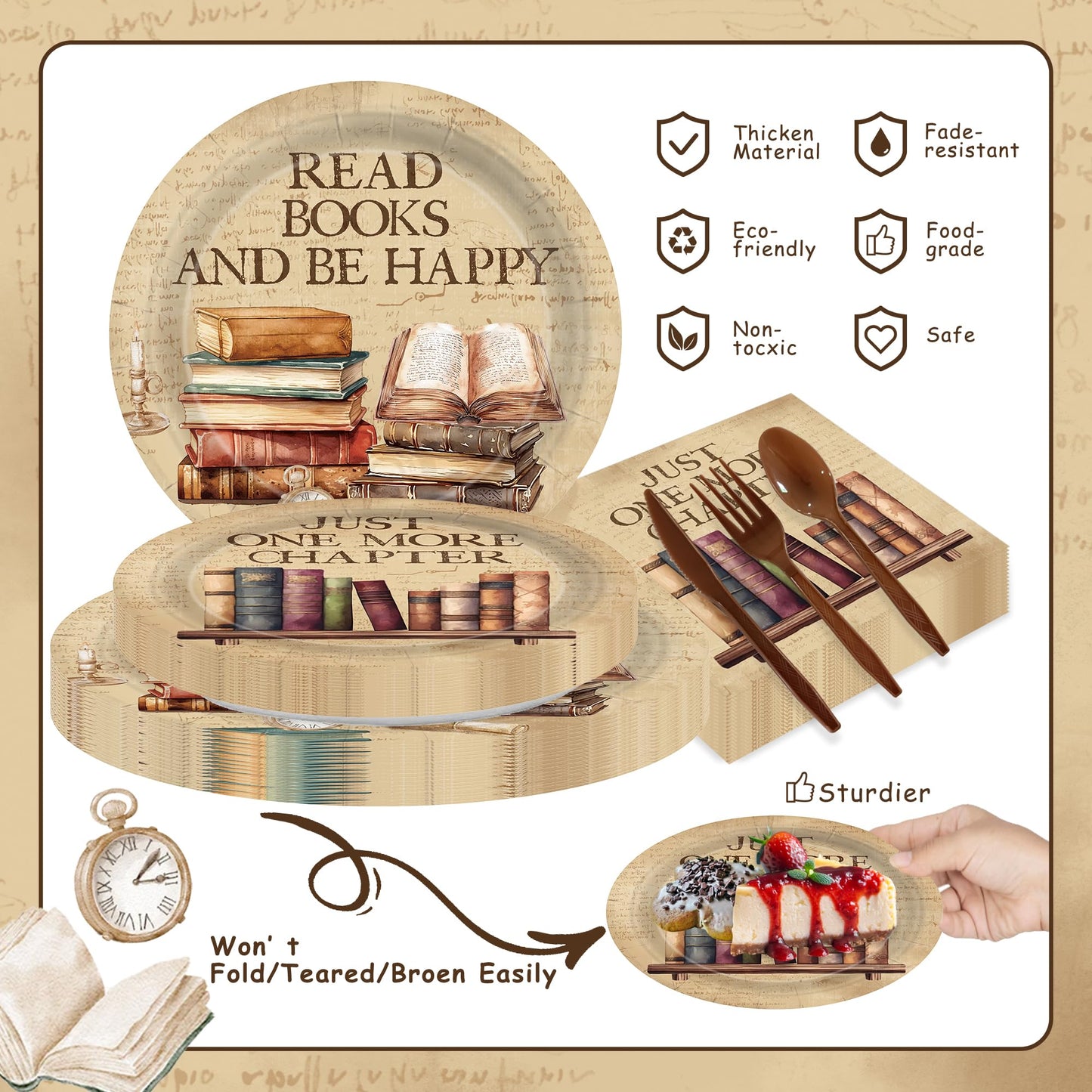 168pcs Vintage Book Party Plates Napkins Party Book Club Theme Birthday Supplies Library Reading Tableware Set Paper Cups Disposable Forks for Birthday Party Supplies Serve 24