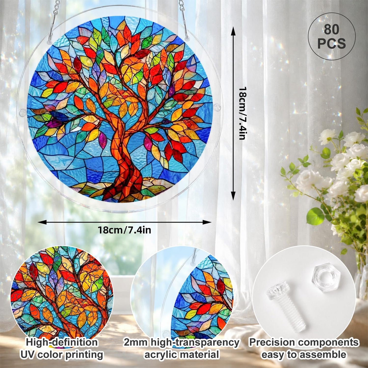 Jollitot Acrylic Puzzle for Adults, Tree of Life Stained Glass Style Acrylic Jigsaw Puzzle Suncatcher Window Hanging, DIY Sun Catcher Puzzle with Unique Irregular Pieces, Home Decor Gift for Women Mom