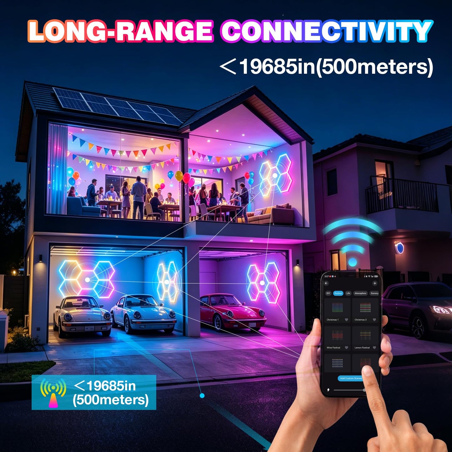 GOSLARLIT Hexagon Garage Lights: 5 Hex RGB Hexagon LED Lights with Music Sync Mode, App & Remote Control, Multi-Color Honeycomb Ceiling Light for Gaming Room, Gym, Garage