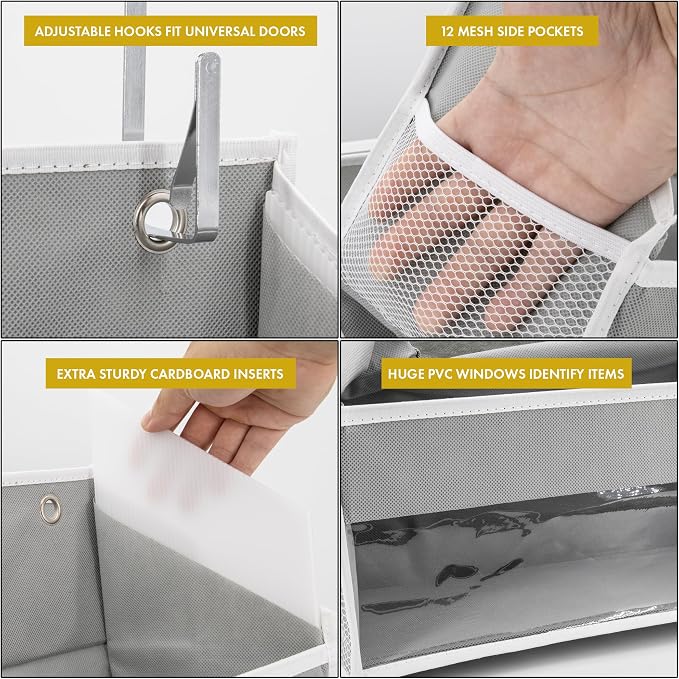 HOMELUX THEORY UPGRADED 6 Tiers Over The Door Organizer Hanging - 100D EXTRA THICK & 50lbs HUGE CAPACITY, 12 Side Mesh Pockets Over The Door Shoe Organizer, Hanging Closet Organizer (Ivory, 2pc)