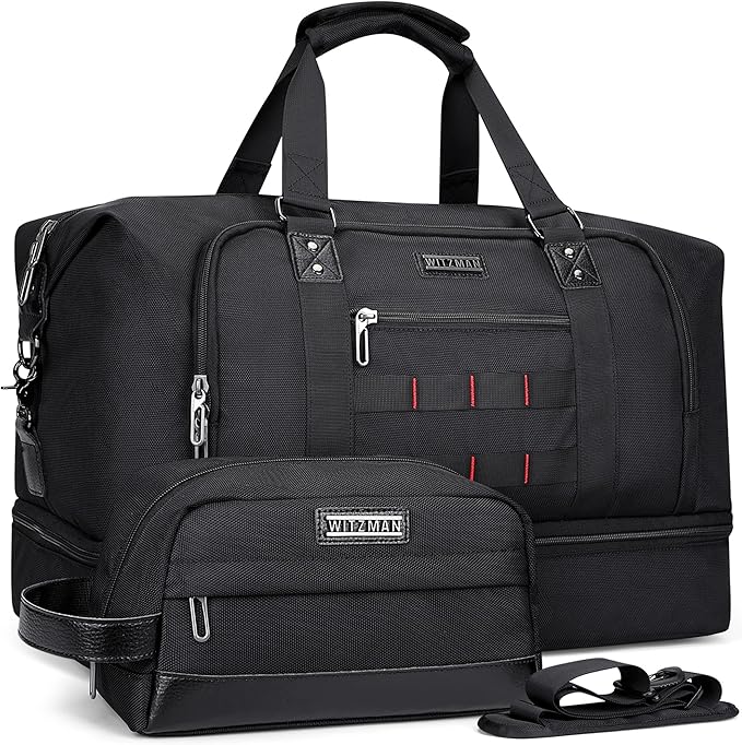 WITZMAN Travel Duffle Bags for Men Weekender Bags with Toiletry Bag Sets Carry On Overnight Bag 55L （B696 Black）