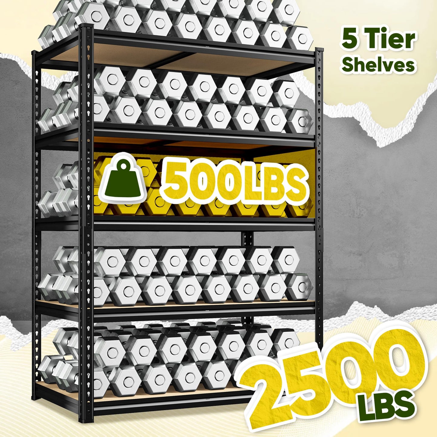 DurayLoly 72" H Garage Shelving, 5 Tier Storage Shelves Load 2500 lbs, Adjustable Garage Shelves, Metal Shelving Unit for Warehouse, Basement, Pantry, 40" Wx 16" D x 72" H, Black