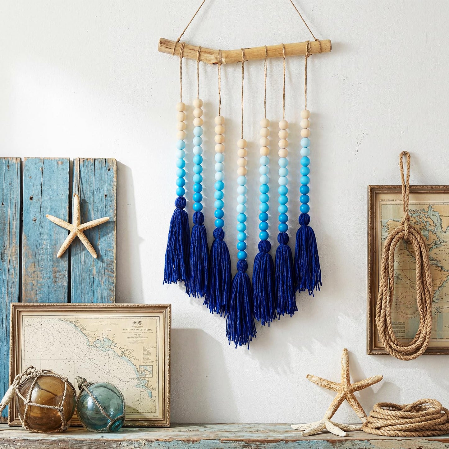 Suncalla Large Macramé Boho Chic Wooden Bead Wall Hanging Tapestry Decor Blue Bead Bedroom Art Decor with Tassels for Living Room Apartment Home Nursery Birthday Party Backdrop