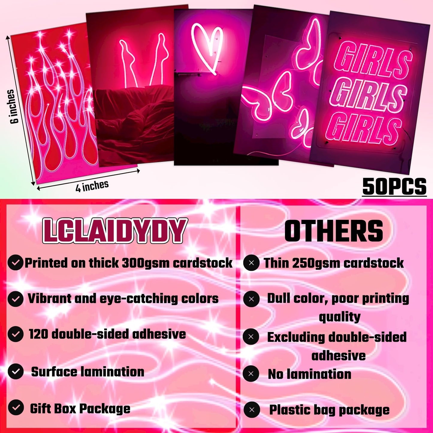 LCLAIDYDY 50 PCS Wall Collage Kit Aesthetic Pictures, Pink Neon Room Decor Posters for Room Aesthetic, Dorm Photo Wall Decor for Teen Girls, VSCO Girl Bedroom Decor (4x6 Inch)