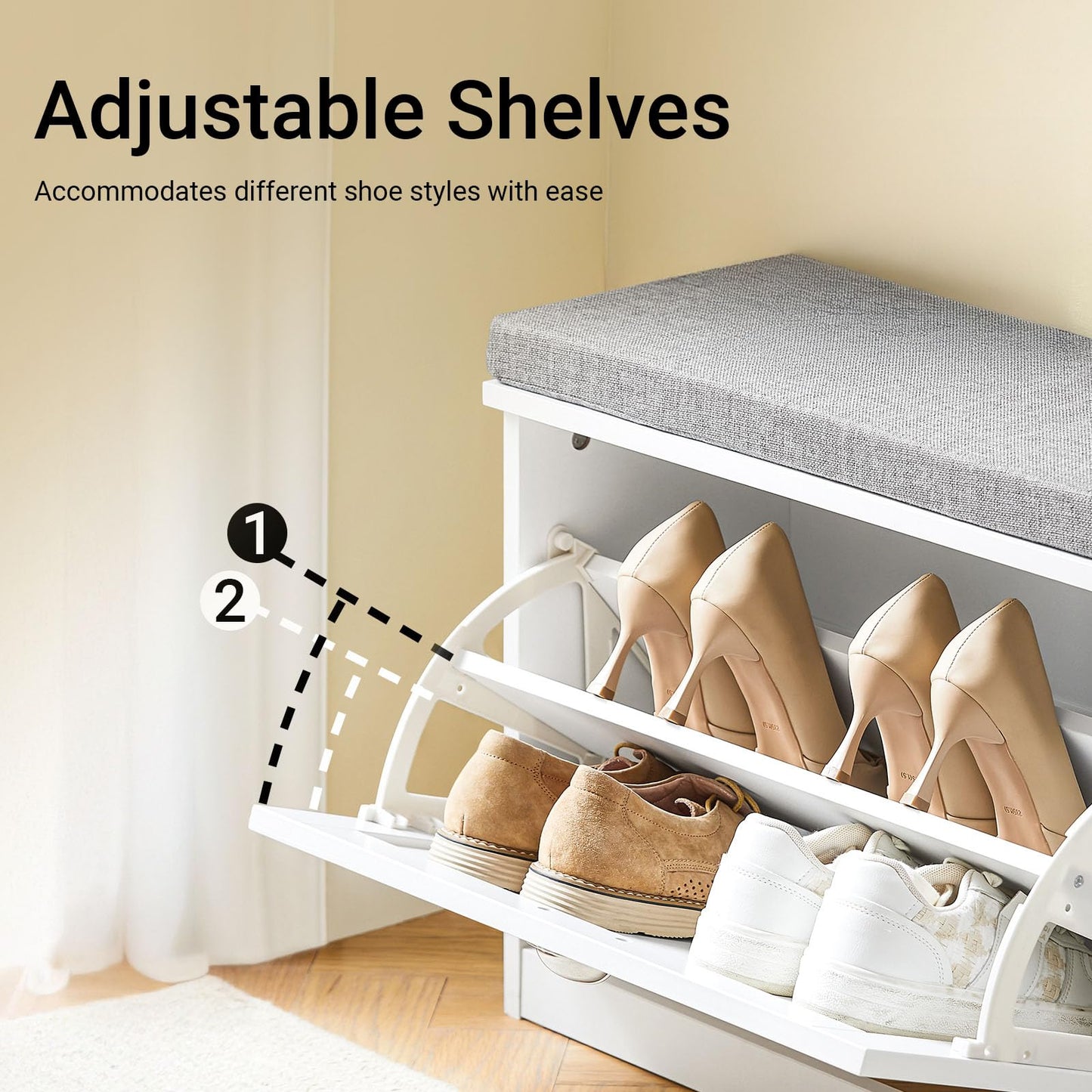 Haotian Small Shoe Storage Bench with Cushion, White Narrow Shoe Rack for Entryway, Small Shoe Cabinet with 2 Tiers Flip-Drawer, FSR195-K-W