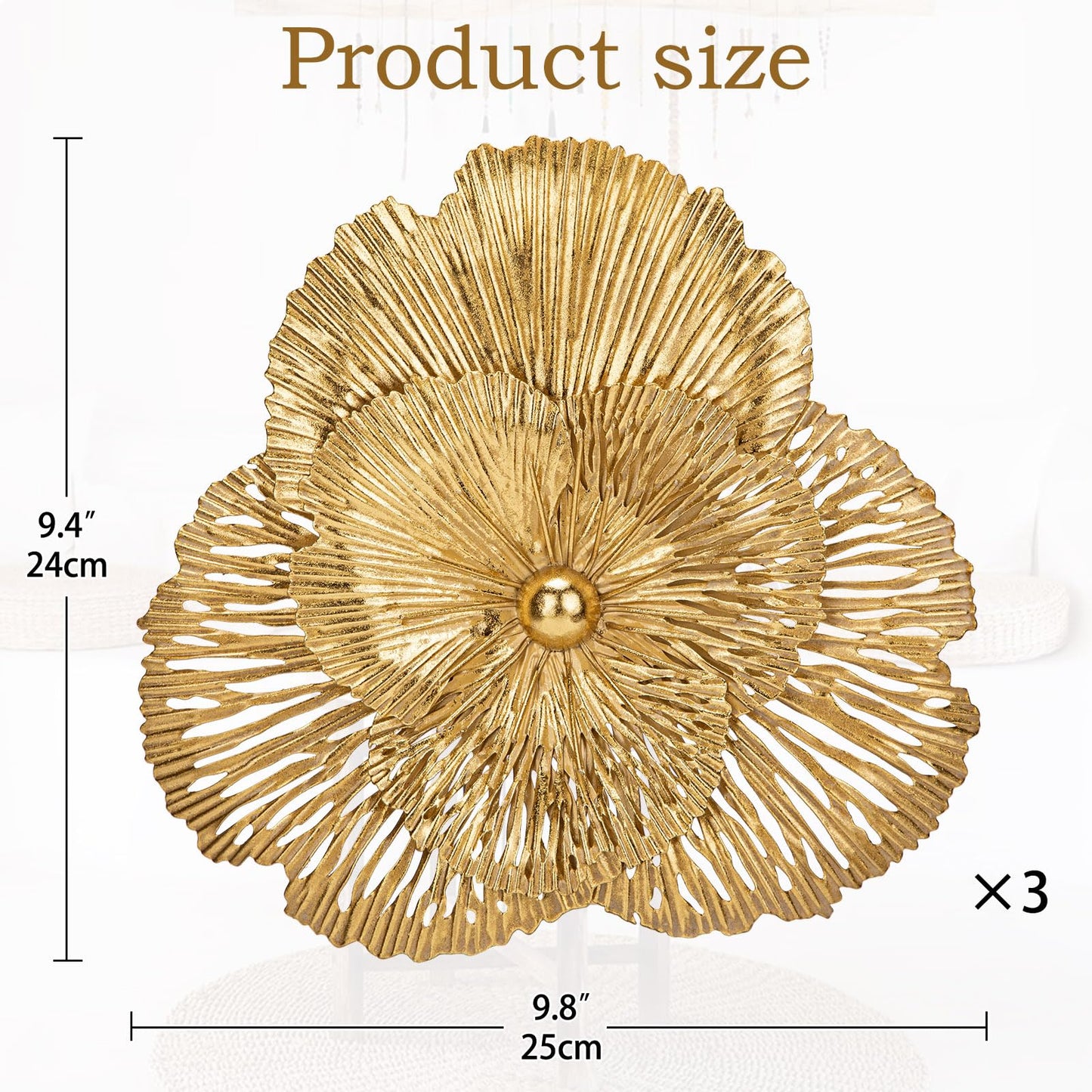 DILATATA 3 Pcs Metal Flower Wall Art Set 10 Inch Rustic Modern Floral Sculpture 3D Metal Flower Wall Hanging Accent for Indoor Living Room Bedroom Kitchen Bathroom Garden Patio Decor - Gold