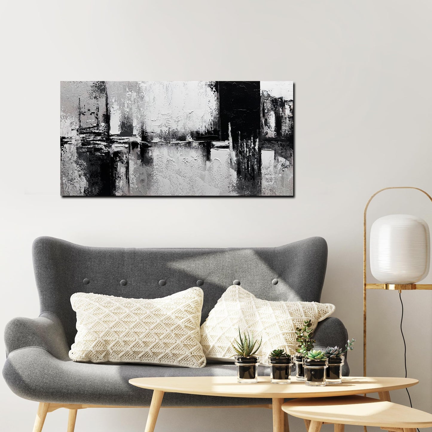 Trogonup Black and White Abstract Wall Art for Living Room Textured Canvas Painting Large Minimalist Modern Artwork for Bedroom Office Home Decor Ready to Hang 20"x40"