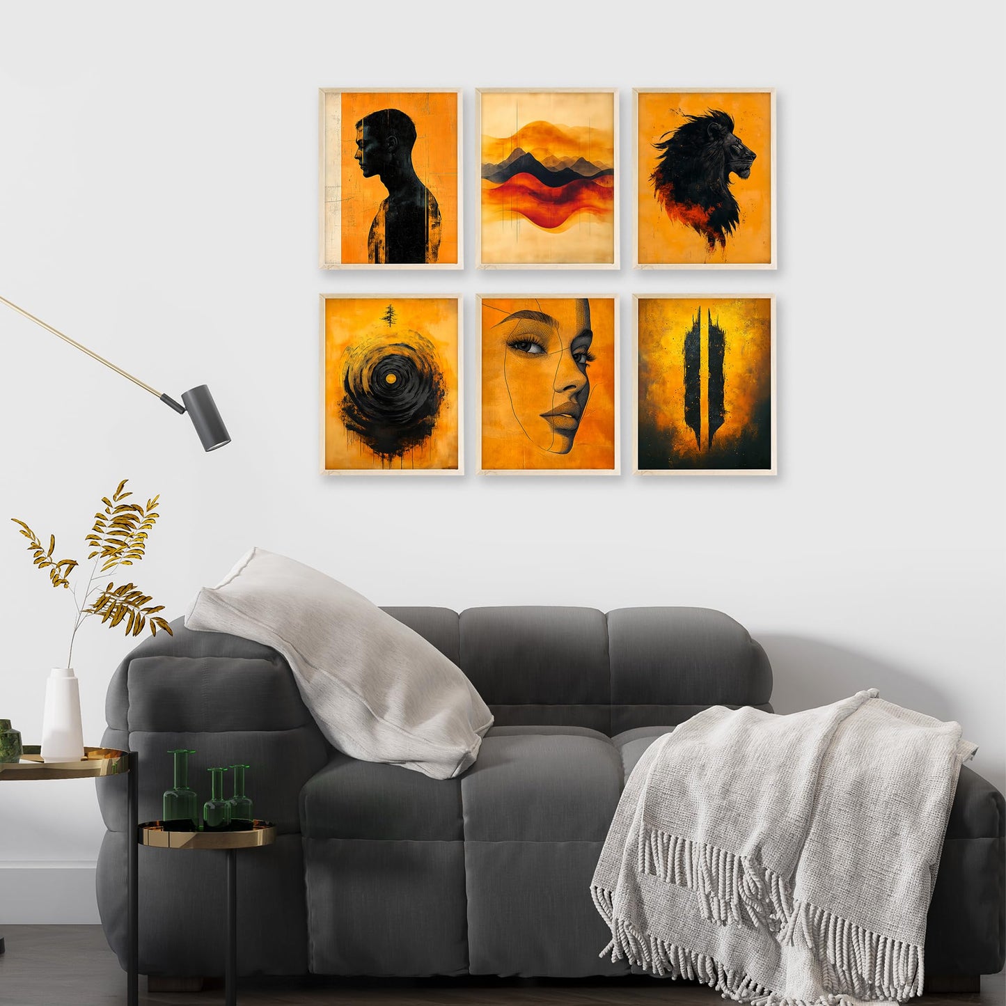 Eastern Print Set of 6 Abstract Masculine Wall Art Prints – Bold Orange & Black Lion, Silhouette, Face Line Posters – Modern Unframed 8x10 Decor for Men’s Room, Office, Man Cave or Creative Studio