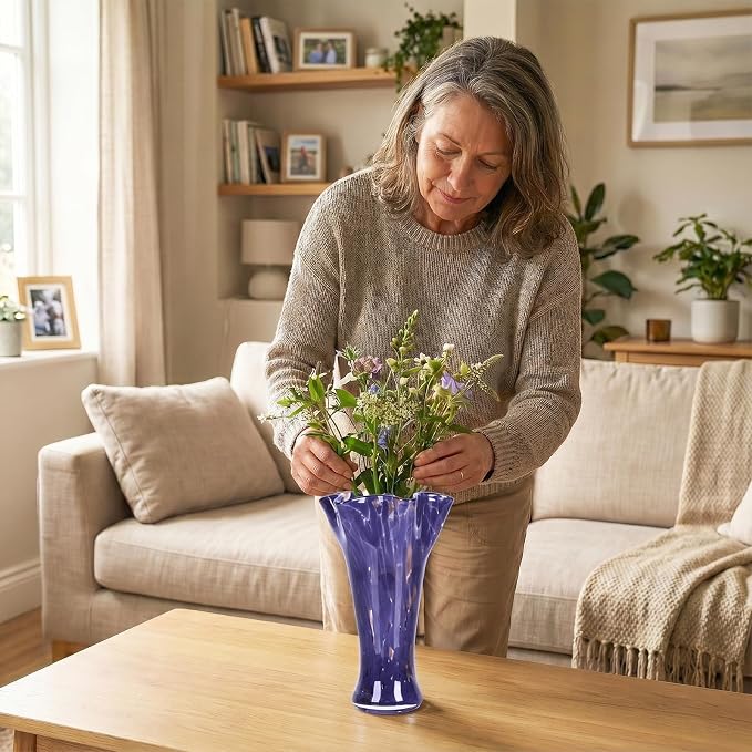 9.0" H Purple Glass Vases for Flowers, Unique Hand Blown Glass Vase Purple Home Decor, Wide Mouth Colorful Flower Vase Centerpieces, for Living Room Table Bookshelf, Bathroom Office Shelf Decorative