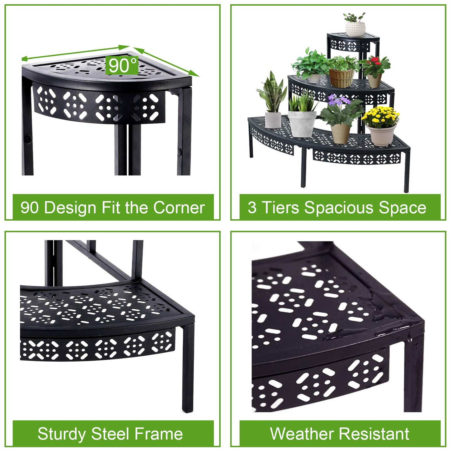 3 Tier Plant Stand Semi-Circular Flower Pot Organizer Rack Quarter Round Plant Display Holder Outdoor Storage Shelves Metal Corner Shelf Planter Shelving Ladder Plant Stand for Indoor Use(Black)