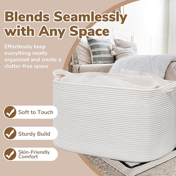 Goodpick 105L Extra Large Blanket Basket 25" x 16" x 16" Cotton Rope Storage Bins for Dirty Clothes, Rectangle Woven Baskets for Living Room Home Decor, Toy Baskets Storage Kids, White