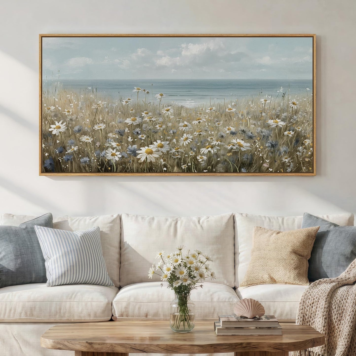 Extra Large Framed Coastal Landscape Wall Art for Living Room, Horizontal Wildflower Seascape Canvas Artwork for Walls, Ocean Scenic Picture Print for Dining Room Bedroom Office Wall Decor, 60x30 Inch