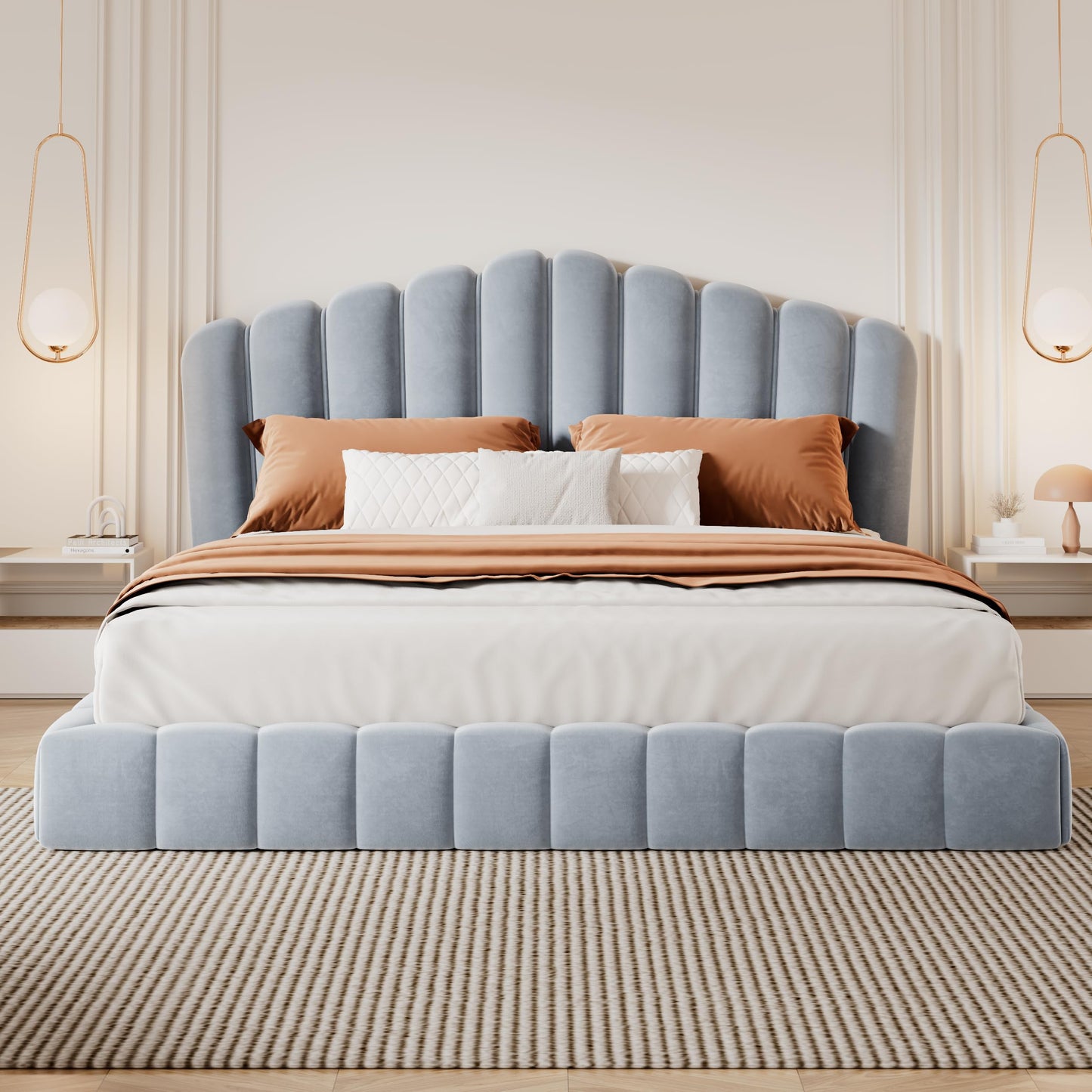 Merax Queen Size Floor Platform Bed Frame,Velvet Upholstered Bedframe with Shell-Shaped Headboard and Cushioning All Around Guards for Bedroom,No Box Spring Needed,Light Blue