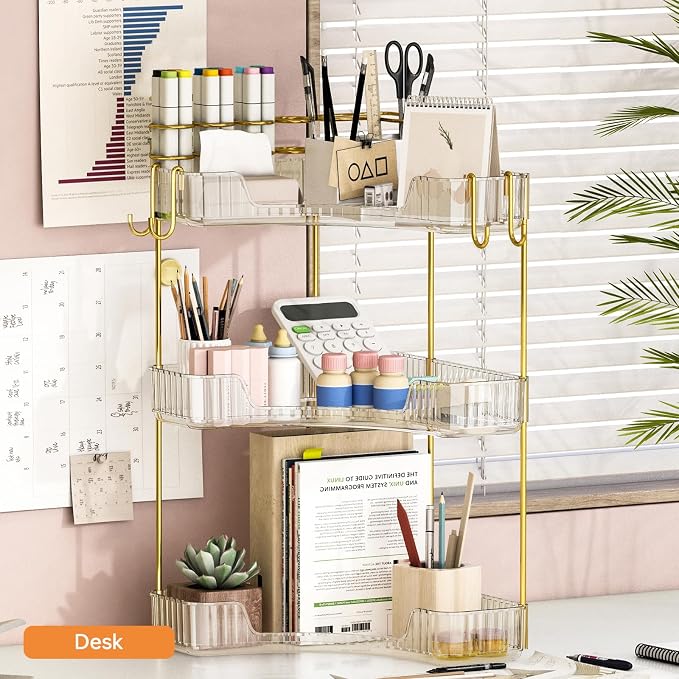 3-Tier Corner Bathroom Counter Organizer，Makeup & Skincare Shelf with Built-in Brush Holder，Space-Saving Bathroom Countertop Organizer for Skincare, Perfume, Cosmetics(Clear)