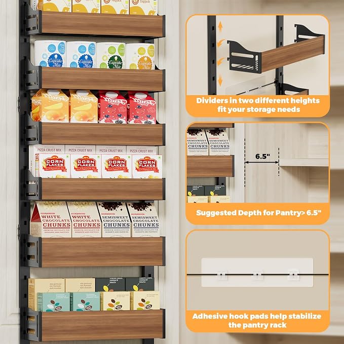 8-Tier Pantry Door Organizer, Over the Door Pantry Organizer with Wooden Adjustable Baskets, 2 IN 1 Spice Rack Wall Mount or Door Organizer, Door Spice Rack（12.4"W x 5.5"D x 66.1"H,1 Pack, Black)