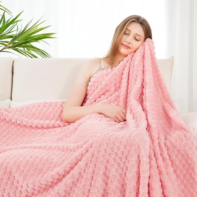 Zyrah Pink Fleece Twin for Couch Super Soft Twin Blanket 3D Imitation Turtle Shell Jacquard Decorative Cozy Blankets for Sofa Chair Bed 60x80 Inches