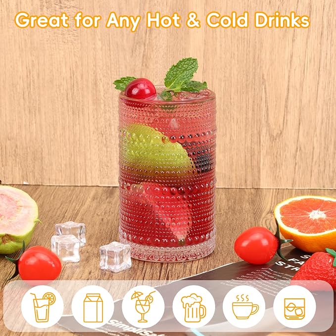 Moretoes Kitchen Hobnail Drinking Glasses Set of 6, 12 Oz Highball Glasses & 10 Oz Cocktail Glasses, Clear Embossed Boho Glass Cups Kitchen Bar Tumbler Glassware Set for Whiskey, Beer, Juice, Milk