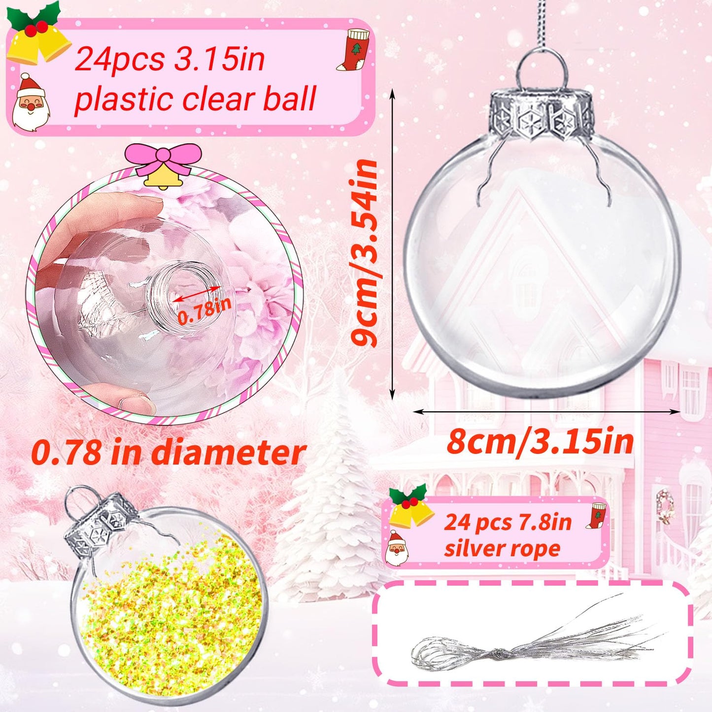24 Pack 3.15 Inch Clear Plastic Fillable Ornament Balls,Christmas Plastic Ornaments Decorative Ball for Xmas Tree Hanging Transparent Decor Wedding Birthday Decor