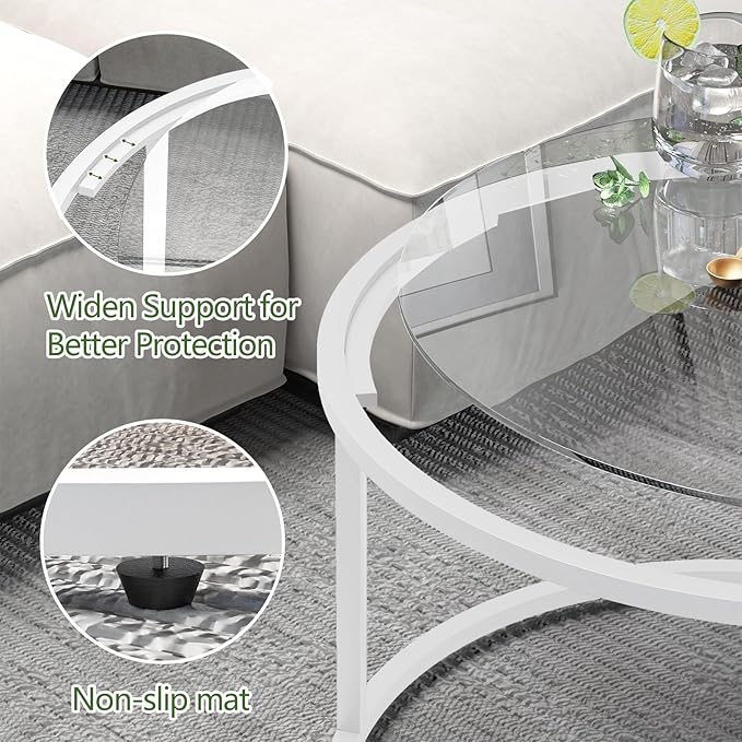 Round Glass Coffee Table for Living Room,Minimalist Modern Center Table with Metal Frame for Small Space,Easy Assembly,27 x 27In, White