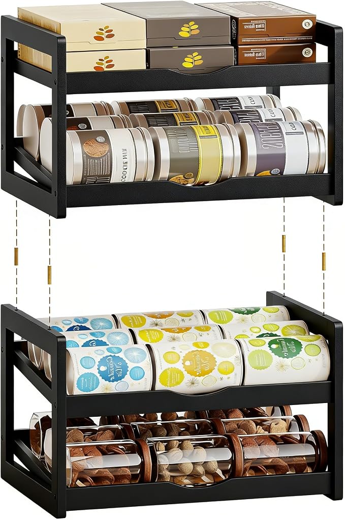 BAMBANG Can Organizer for Pantry, Detachable Bamboo 4 Tier Stackable Can Food Storage Rack, Rolling Soda Can Dispenser Can Holders for Cabinet, Holds Up to 48 Cans, Black