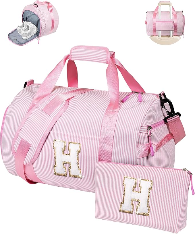 Cool Stuff for Teen Girls, Girl Gym Bag, Kids Initial Overnight Duffel Bags with Shoe Compartment, Personalized Travel Bag with Makeup Pouch, Pink Gift for Daughter Sister Niece (Letter H)
