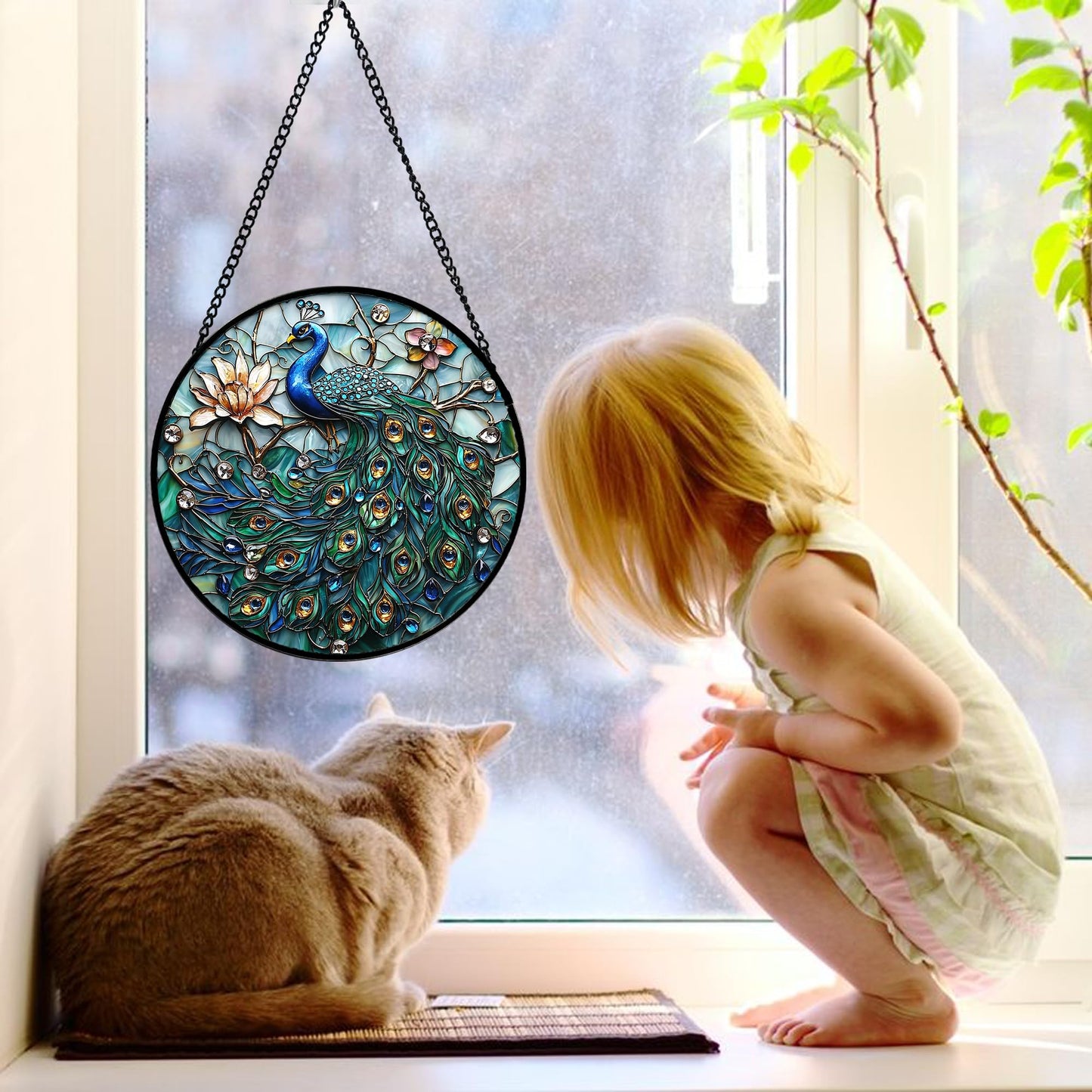 DASTOLL Stained Glass Window Hanging, Blue Peacock Decoration Suncatcher for Door Garden Home Flower Bird Sun Catchers Christmas Mother's Day Birthday Gifts for Women Men Mom Nana Friend 6.3 in