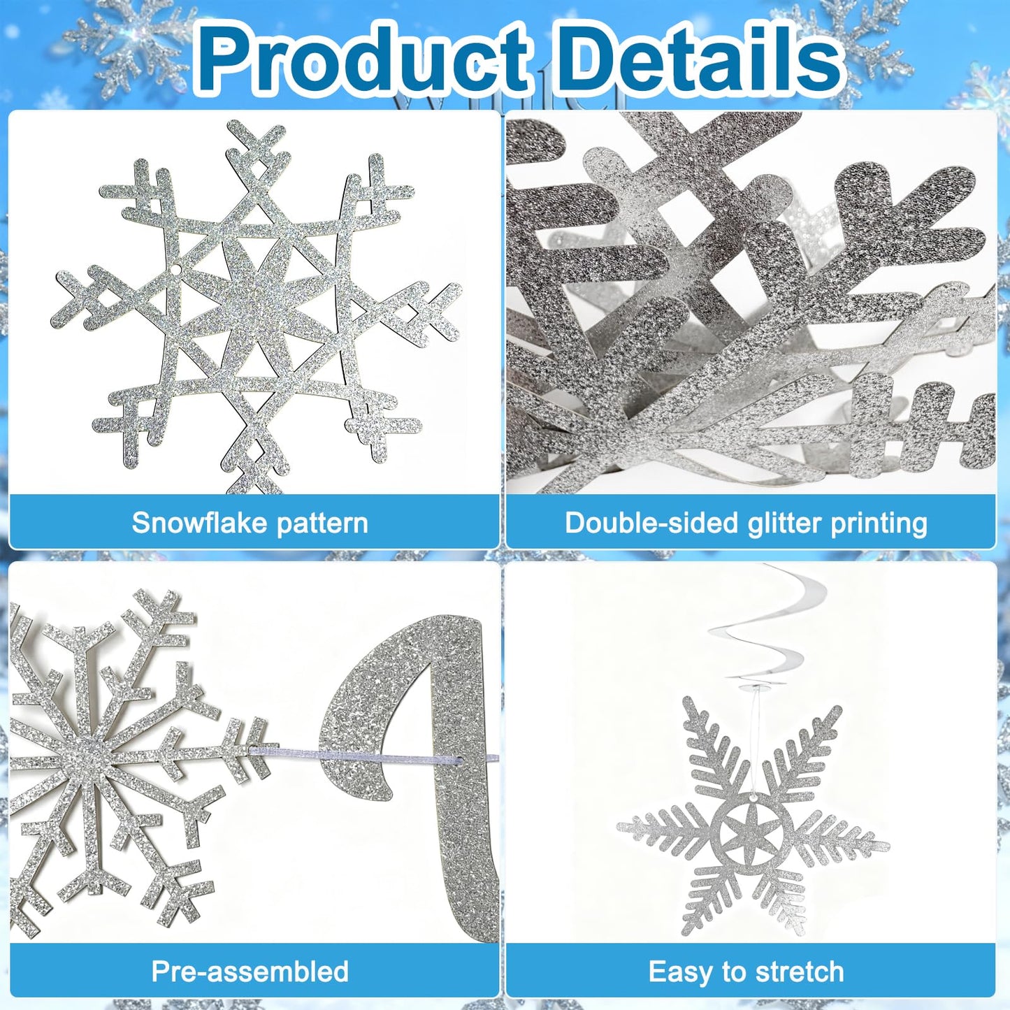 Winter Wonderland Banner,Snowflake Theme Party Decorations Include Pre-Strung Glittery Winter Wonderland Banner and 8 Pcs Snowflake Hanging Swirls,Christmas Birthday Party Supplies