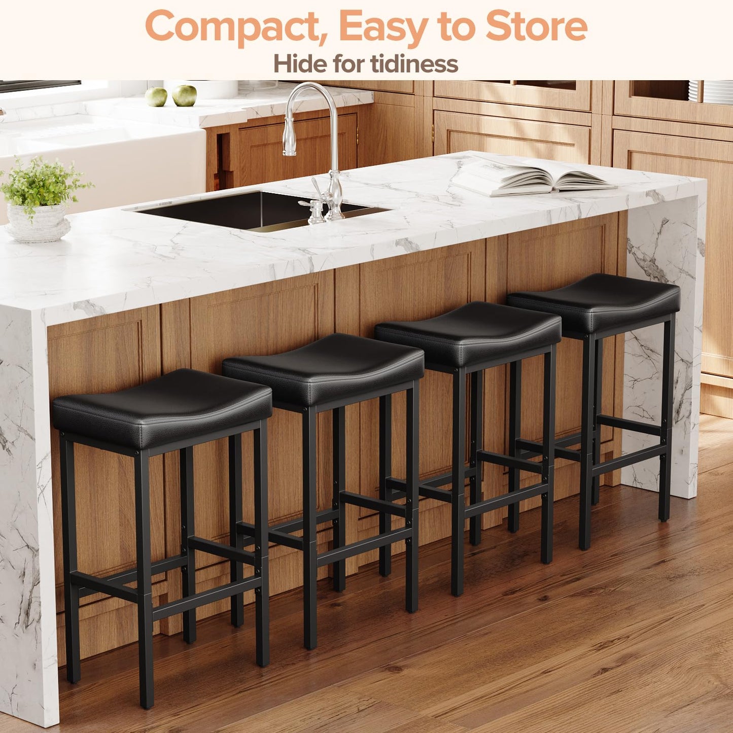 Vellorise 24 Inch Counter Height Bar Stools Set of 2, Compact Counter Stools for Small Spaces, Premium Faux Leather Barstools with Right-Sized Saddle Seat & Metal Legs, 15-Minute Easy Assembly, Black