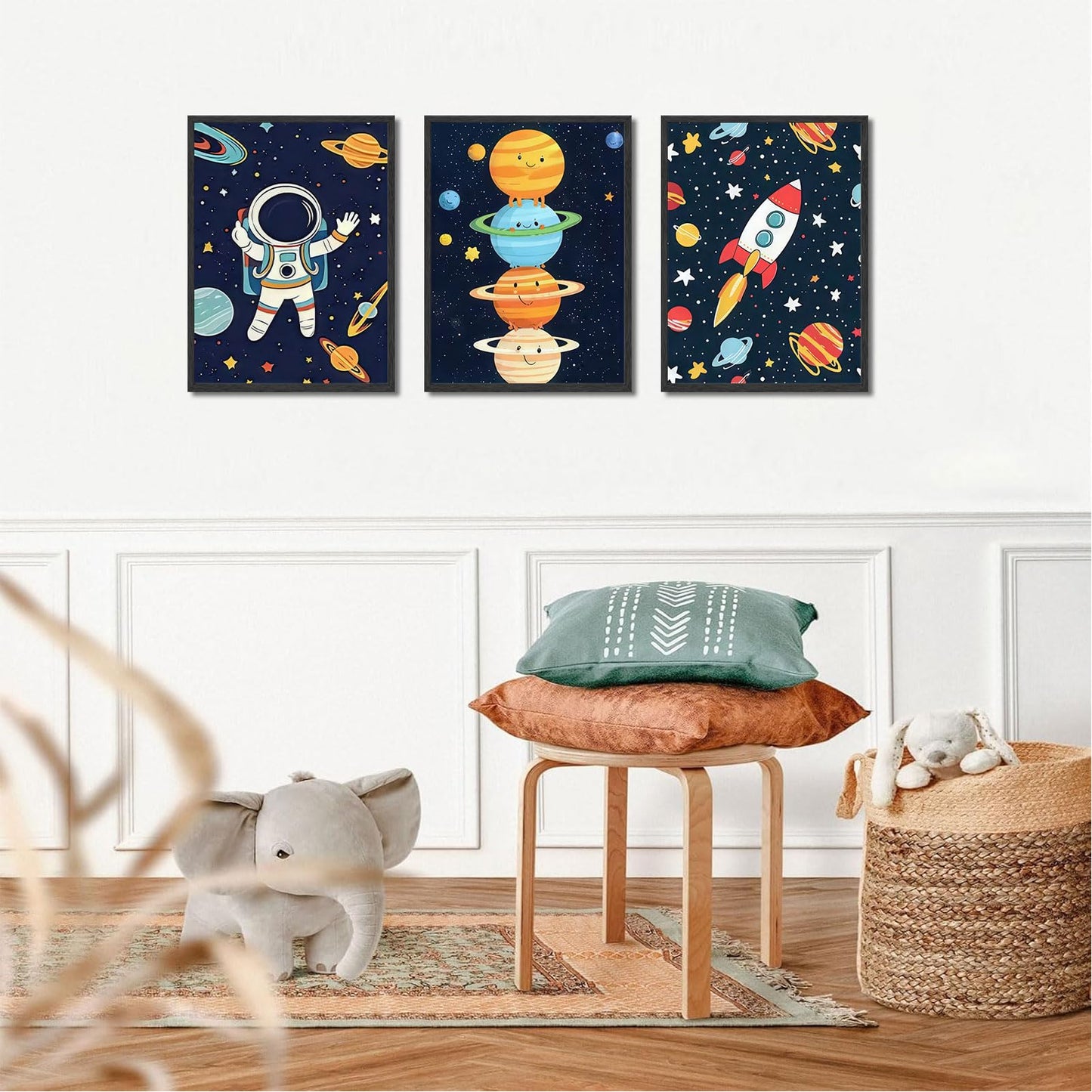 3Pcs Astronauts Nursery Wall Art Whimsical Outer Space Kid Decor Pictures Rocket Planet Posters Prints for Boys Room Girls Room Kids Room Decoration Unframed