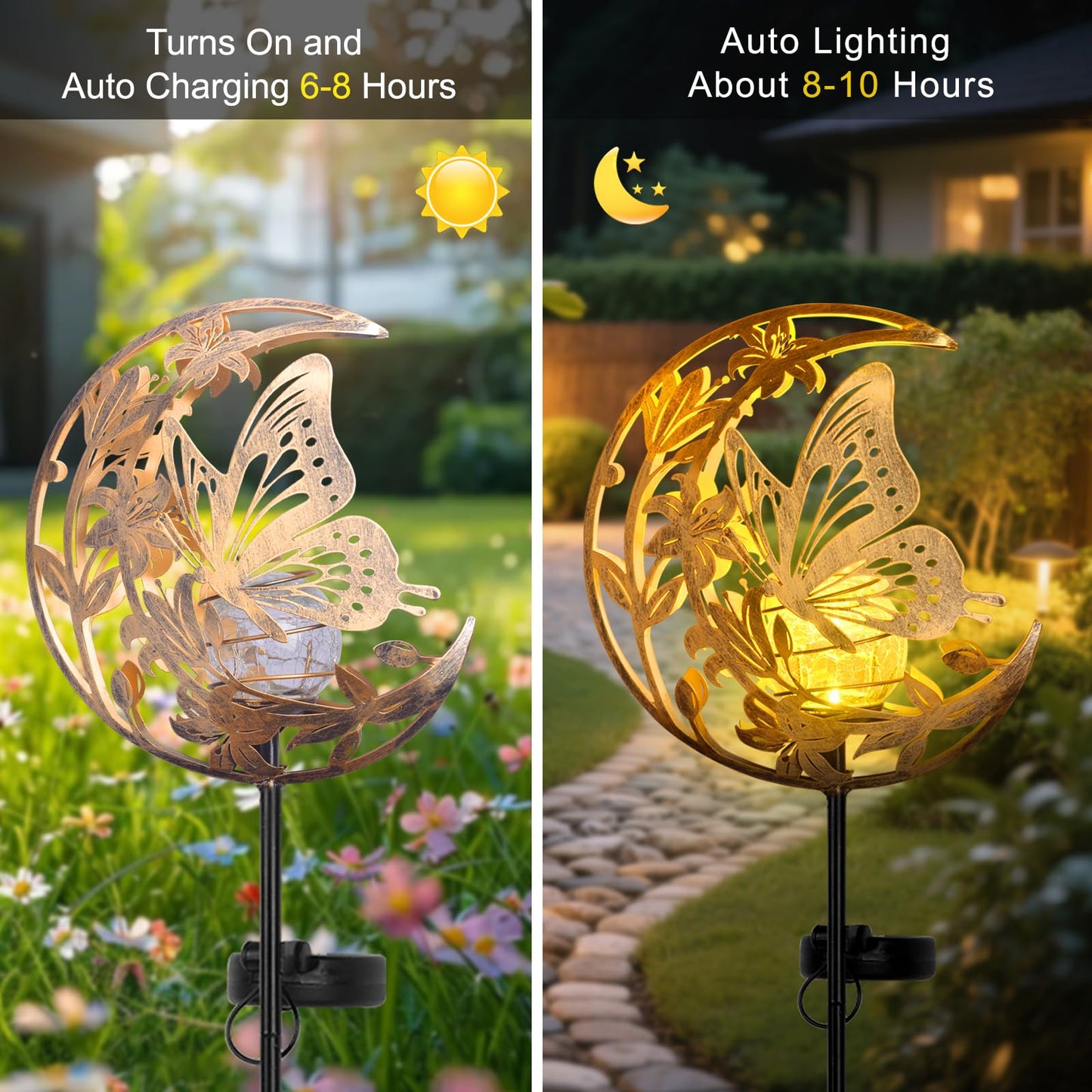 ShangTianFeng Butterfly Lights Outdoor Decor - Moon & Bird SolaGardenLights Waterproof, Auto On/Off Pathway Lighting for Yard/Lawn/Patio, Handcrafted Metal Solar-Stake-Lights for Outside Decorations
