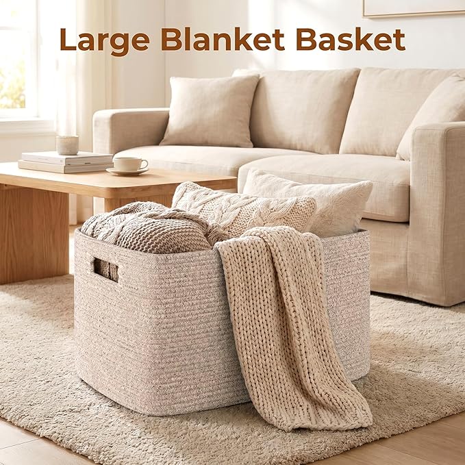 OIAHOMY 75L Large Woven Cotton Rope Storage Basket with Handle for Organizing Blanket and Toys for Living Room, Nursery, Brown Variegated 22”x17”x12”